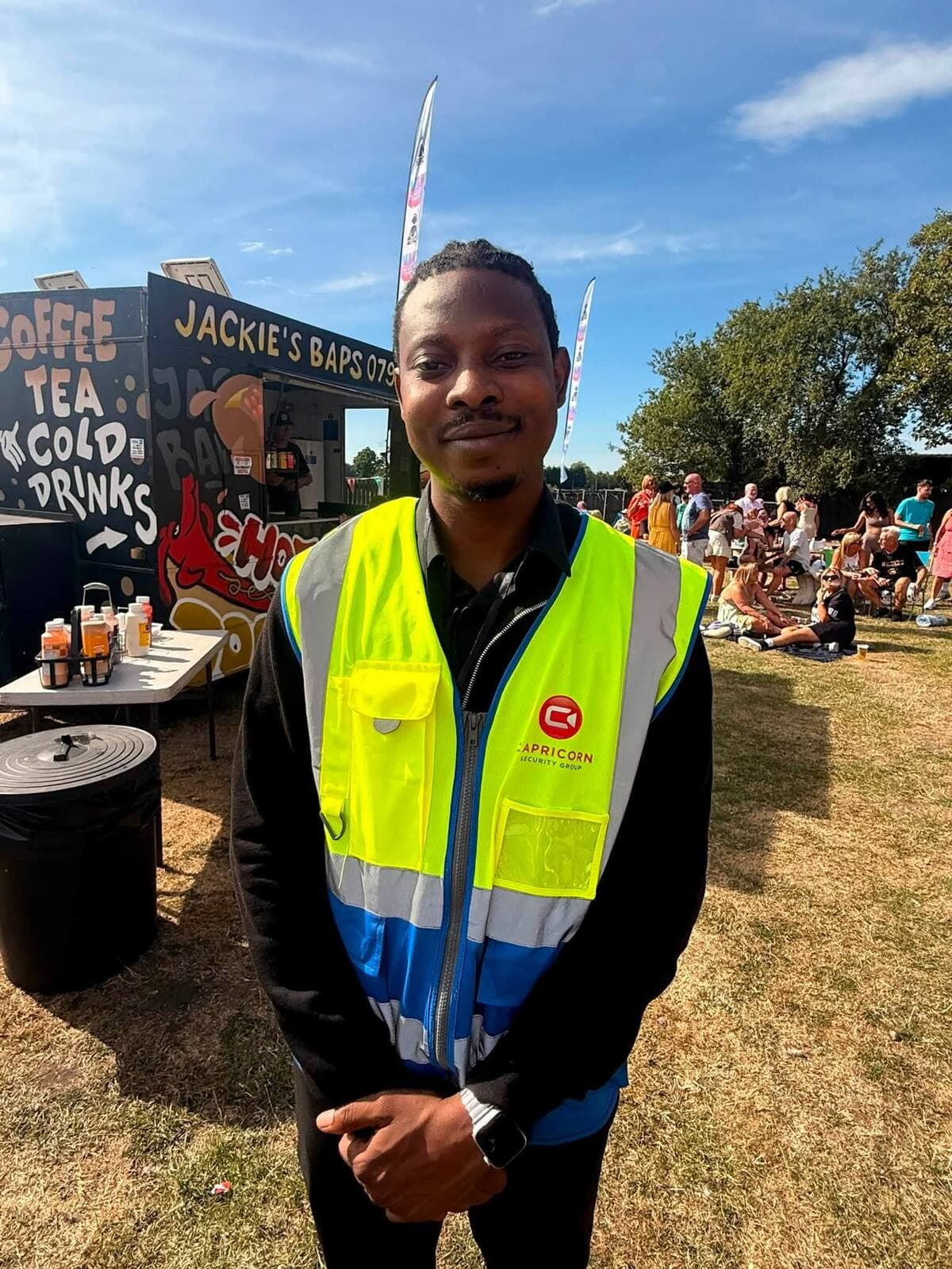 A steward outside Jackie's Baps street food van at the WN7 FEST Garden Party